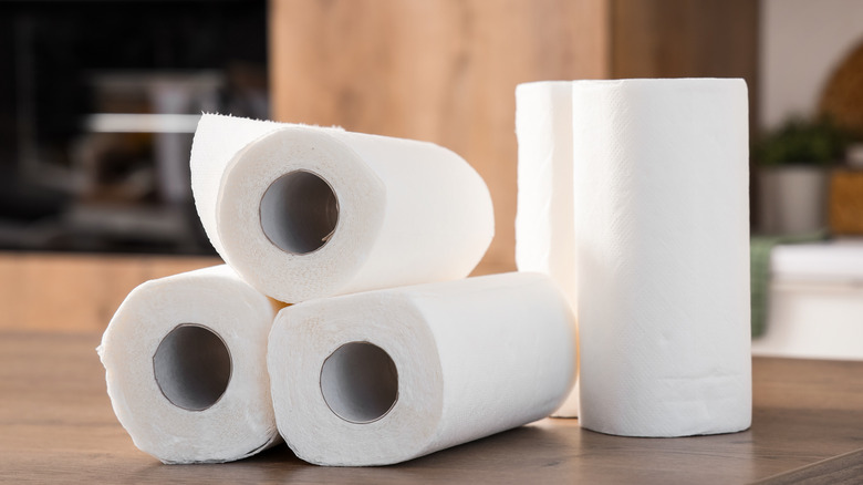 Rolls of paper towel in a kitchen