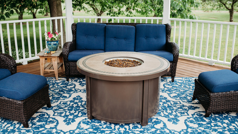 Beautiful outdoor rug on a wooden patio