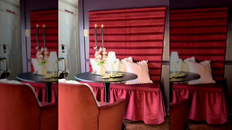 custom velvet booth-style banquette made from pool noodles