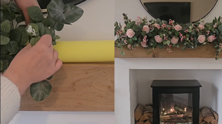 Two photos of pool noodle on mantle filled with flowers