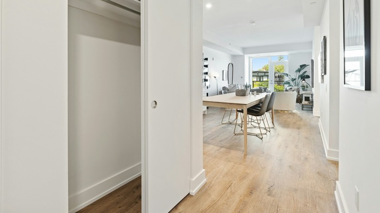 A hallway closet near a kitchen
