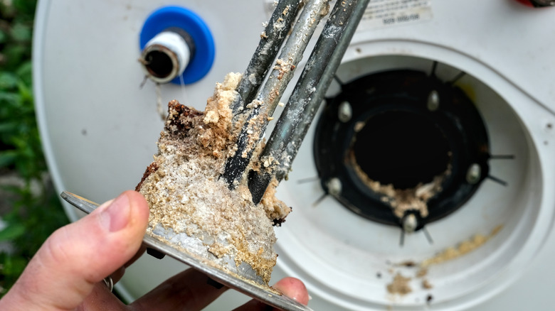 Inspecting a water heater element with substantial limescale at its base