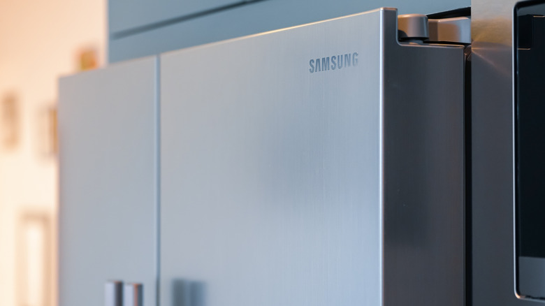 A close up of a Samsung fridge with French doors.