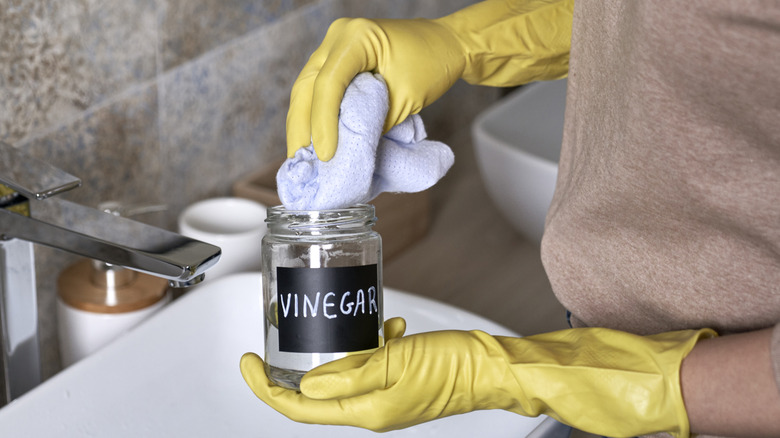 hands dipping rag in vinegar jar