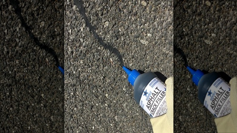 filling a crack in an asphalt driveway with a flexible sealer