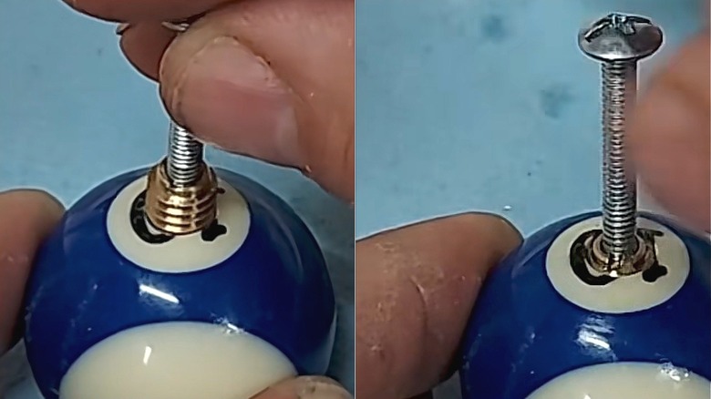 furniture screw fastener being put in pool ball