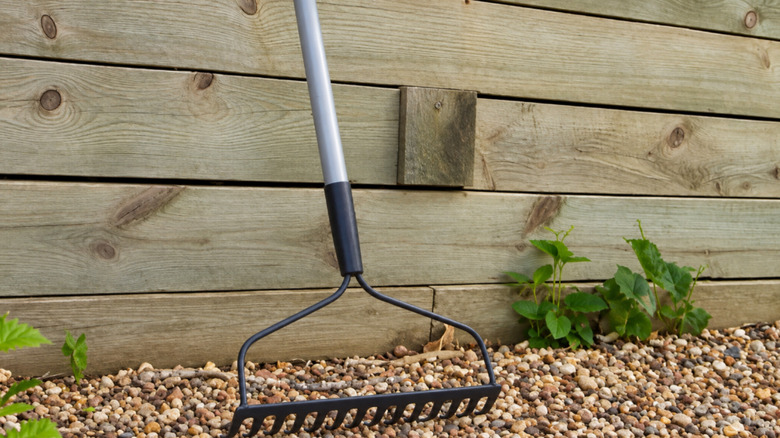 Project Source lawn rake leaning against a wooden wall
