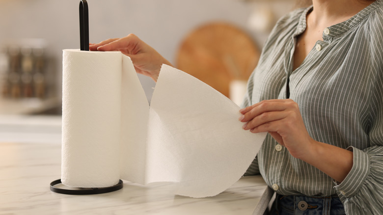 Person tearing a piece of paper towel off a roll in a plain paper towel holder