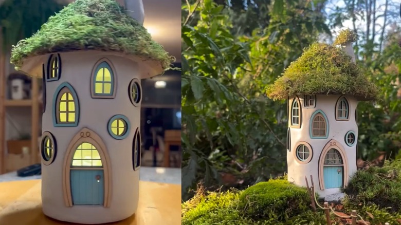 Fairy house made from glass jar, clay, and fairy house accessories