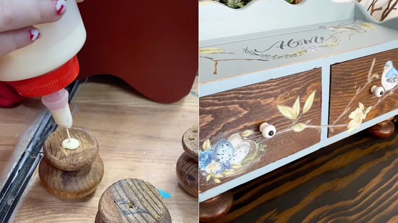 Hand glueing wooden furniture knobs to bottom of drawers to create footed tabletop storage