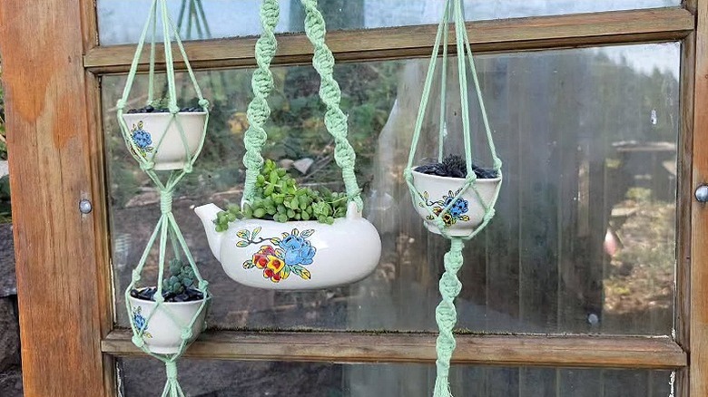 Teacups and pot hanging planters using macrame