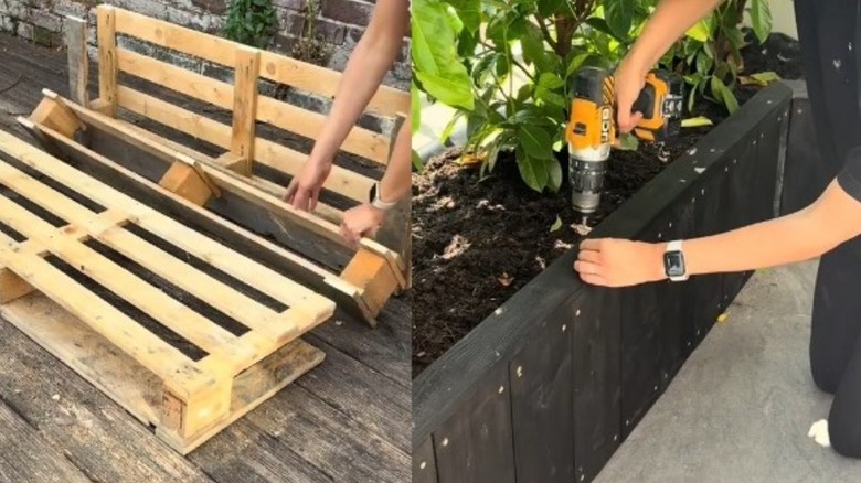 Side-by-side of pallets being transformed into black planter using drill