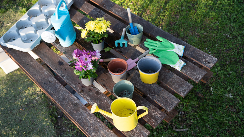 Gardening supplies on a wood pallet