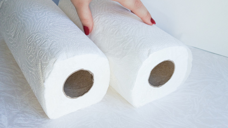 Hand with nails painted red touches one of two paper towel rolls