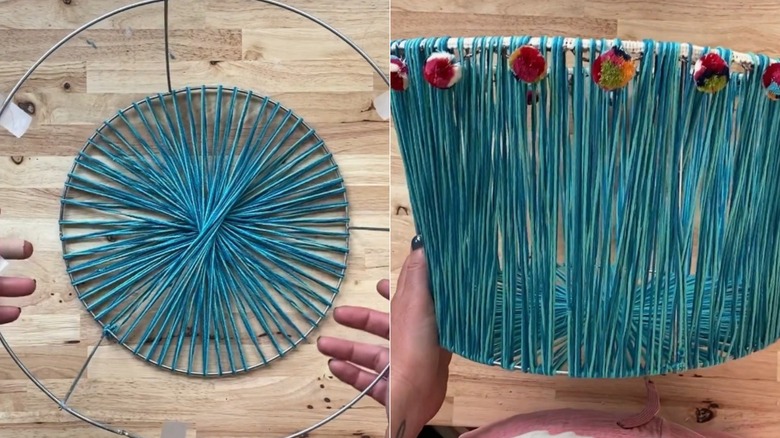 Split image of bottom and sides of a basket made with tomato cage and yarn.