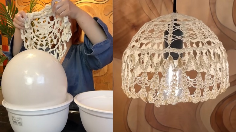 Young woman crafting boho lamp shade for hanging pendant light