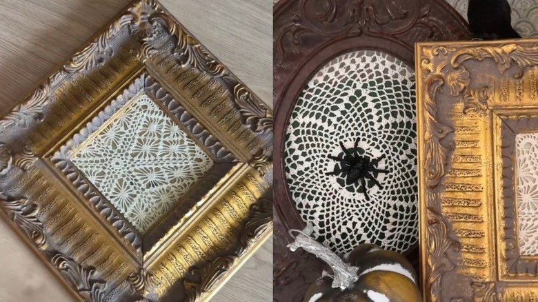 Antique ornate picture frames with vintage doily center and gothic accessories