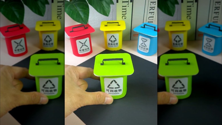 Mini trash and recycling bins made from yogurt containers