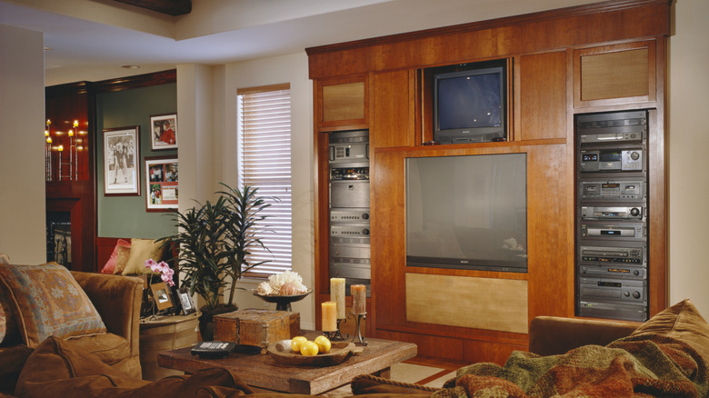 1980s family room with elaborate entertainment setup