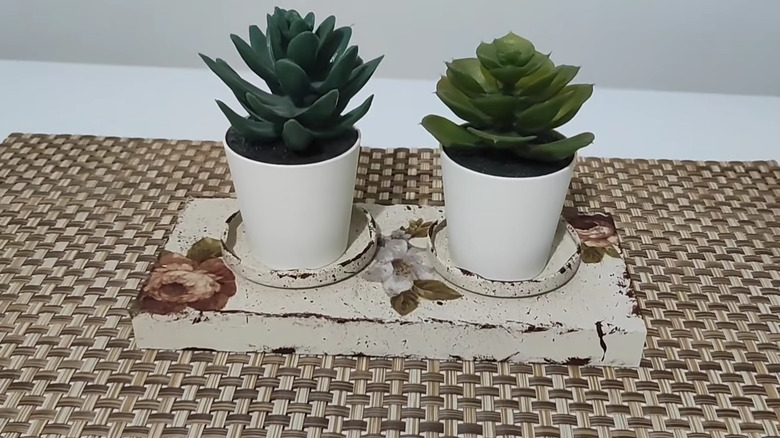 Two small succulents on top of a white flowery plant holder