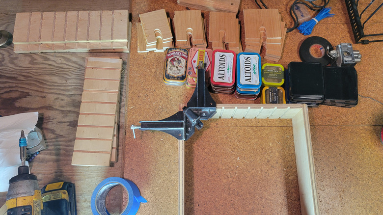 Gluing up the parts for the mint tin cabinet