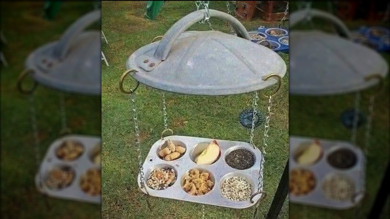 Bird feeder made of muffin tin and trash can lid
