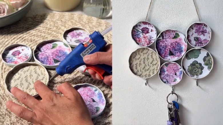 Images of hand with hot glue and key hanger