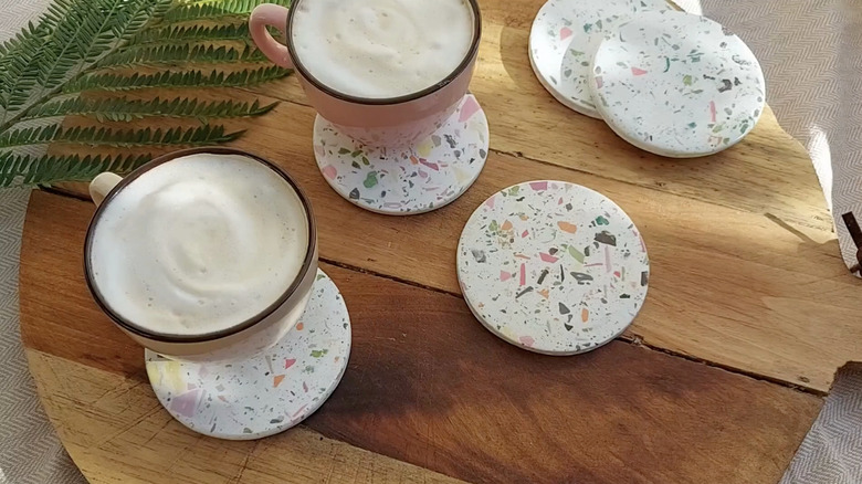 DIY plaster coasters on coffee table
