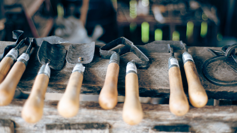 A collection of rusty old gardening tools lined up on a wood surface