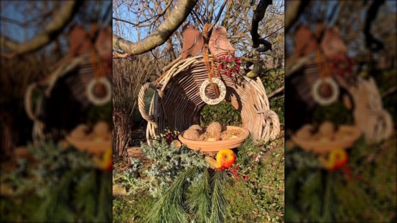 Wicker basket in tree filled with branches and bird seed
