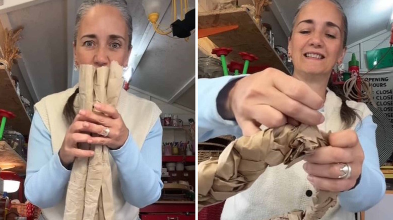 Woman turning scrap paper into DIY rustic wreath