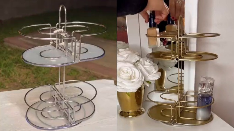 A split view of an unpainted bathroom organizer and a finished, gold-painted one being filled with makeup