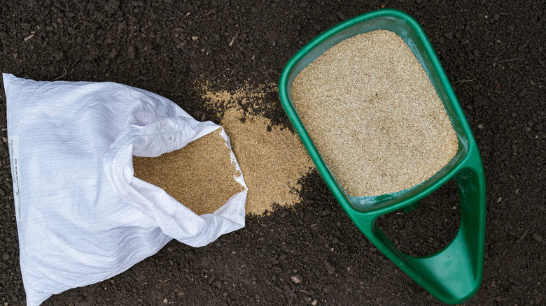 Bag of small granules and a hand spreader