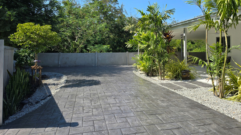 A driveway featuring stamped concrete