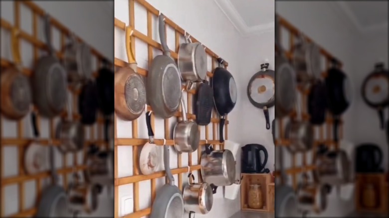 Trellis turned into wall storage for pots and pans