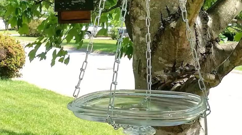 Glass casserole dish turned upside down and hanging from chains