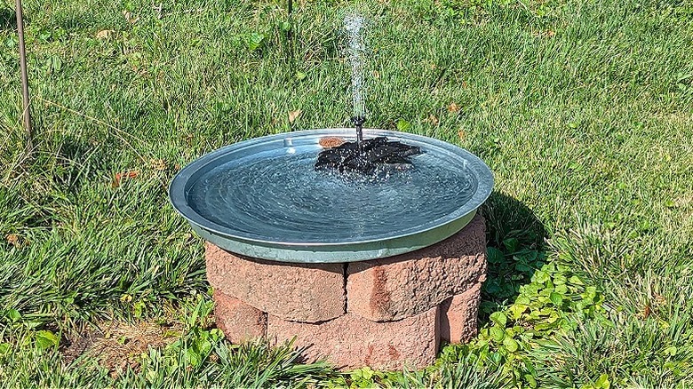 Trash can lid sitting on bricks with a fountain as a birdbath