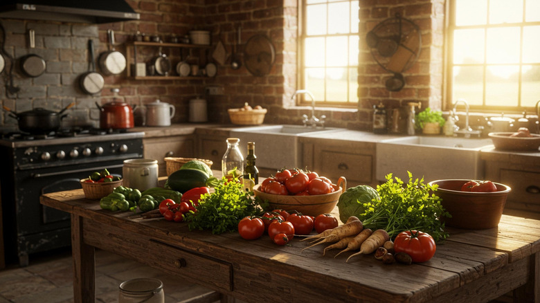 Wooden work tabletop in rustic country house kitchen