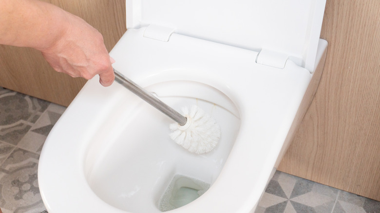A hand cleaning a toilet with a toilet brush