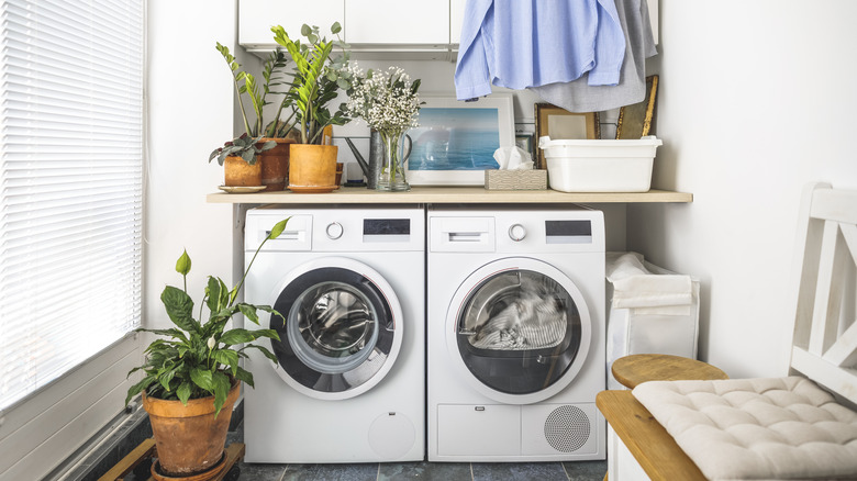 A small washing machine room with shelves and storage.