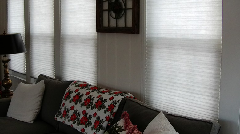 honeycomb window shades pulled to retain warmth