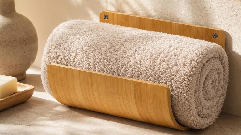 A curved bamboo towel rack with a beige towel rolled inside