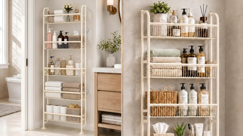 A split view of two narrow wall-mounted shelf storing towels and decor in a bathroom