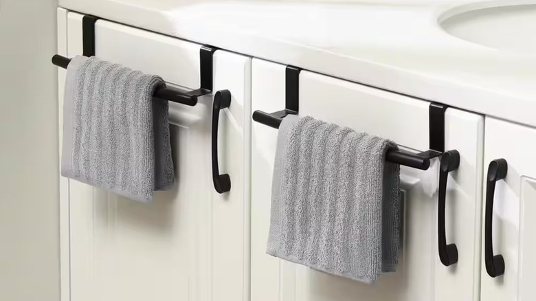 KES Over The Door Towel Racks installed on white bathroom cabinet doors