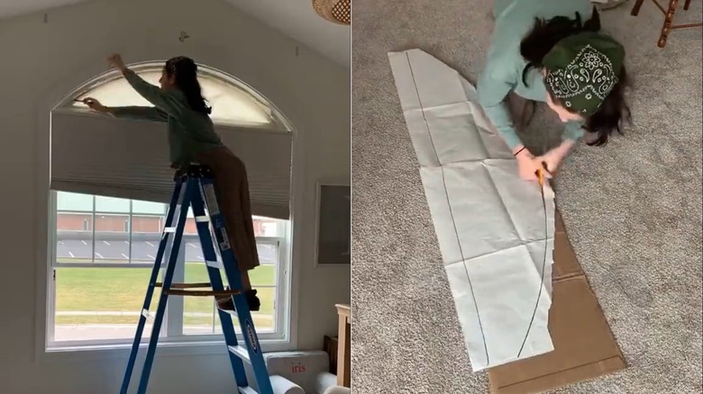 A splitview of a person tracing a window with paper and using the template to cut the shape out of cardboard.