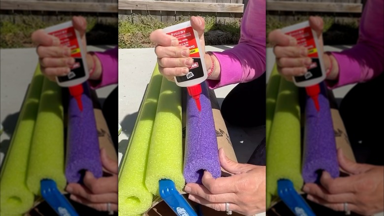 gluing pool noodles to cardboard tube