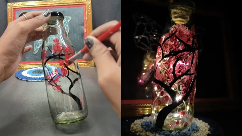 A splitview of a person painting a bottle and it filled with lights in the dark