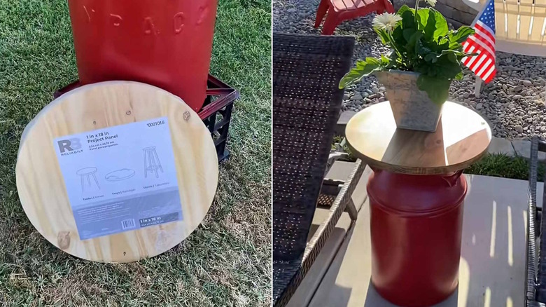 Vintage milk jug turned into a side table