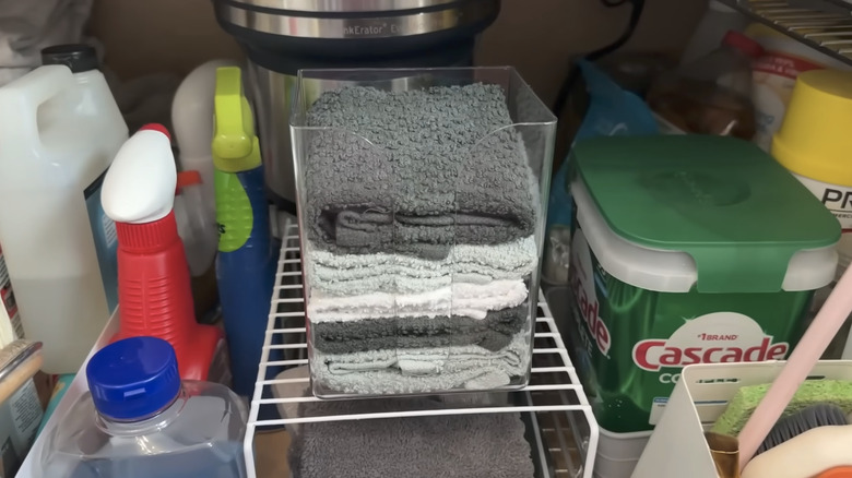 dish rags in Dollar Tree dryer sheet holder