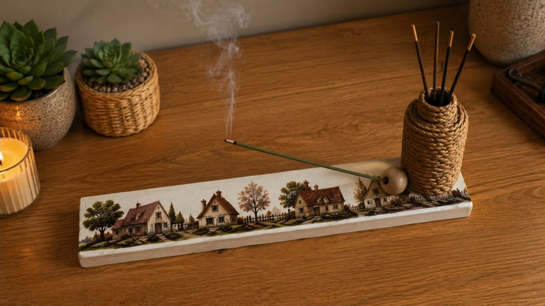 A DIY incense burner sits on a wooden table surrounded by plants
